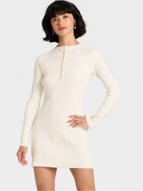 Reformation Cream Long-Sleeve Button-Front Cotton Dress